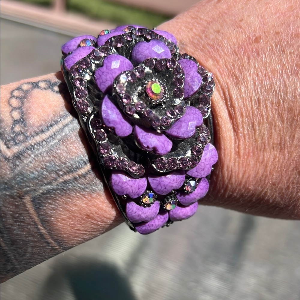 Purple Floral Statement Cuff Bracelet – Rhinestones & Enamel, Vintage Style